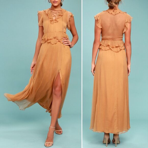 NWT New Friends Colony Maya Tan Chiffon Ruffled Lace-Up Maxi Dress Size Medium - Picture 10 of 13
